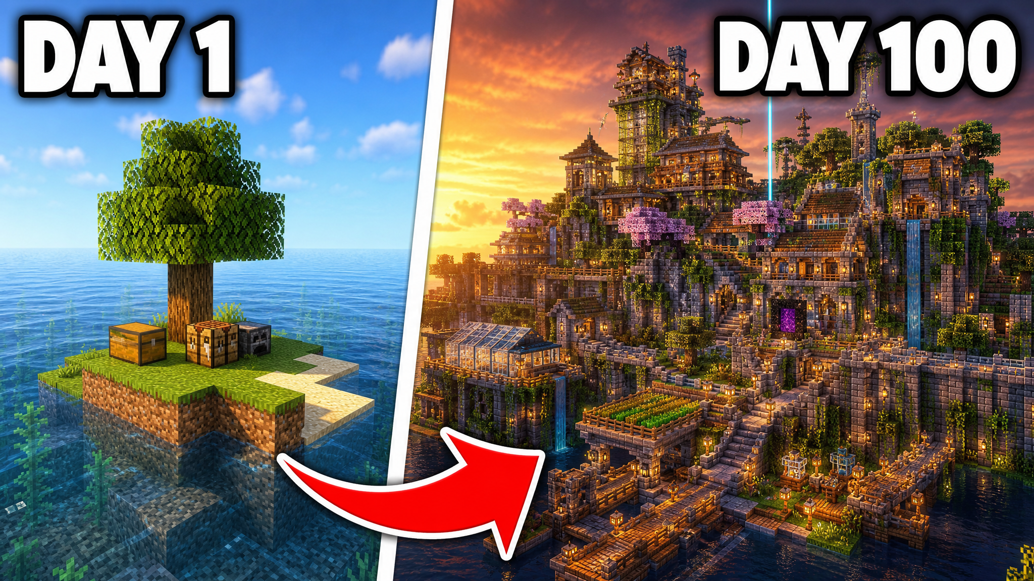 Minecraft challenge showing a Day 1 island and a Day 100 castle
